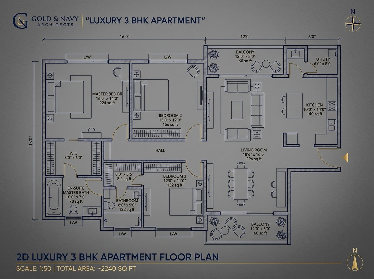 3 BHK Floor Plan Blueprint